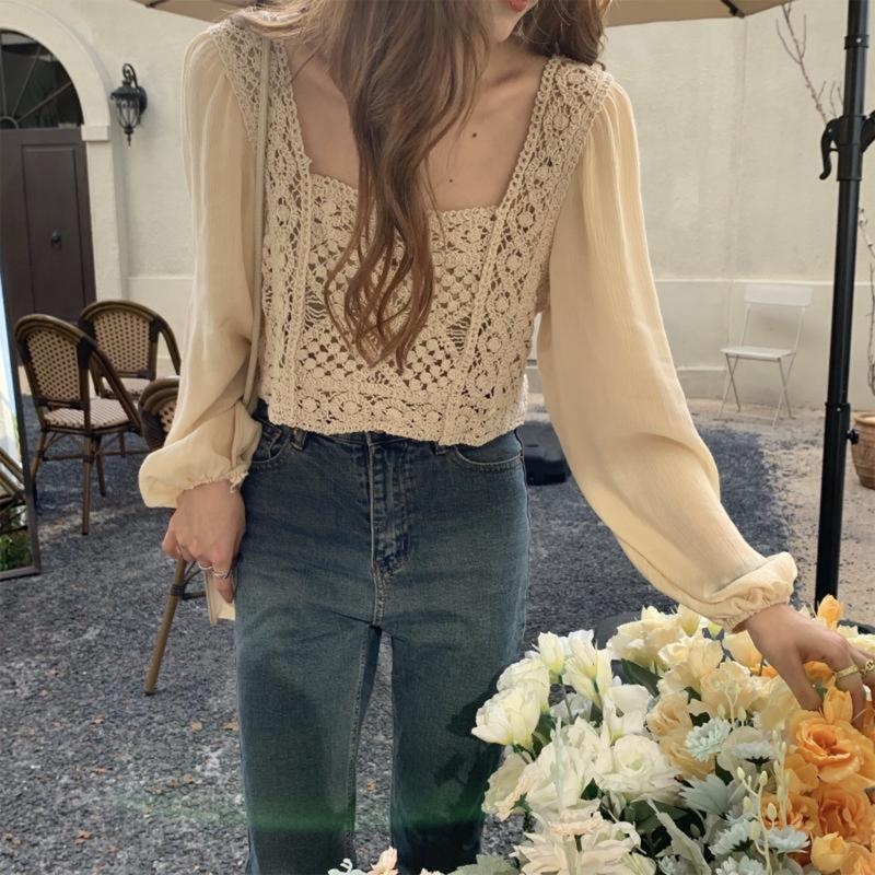 Crop Top Crochet - 573B Mulheres Sheer Puff Camisas Manga