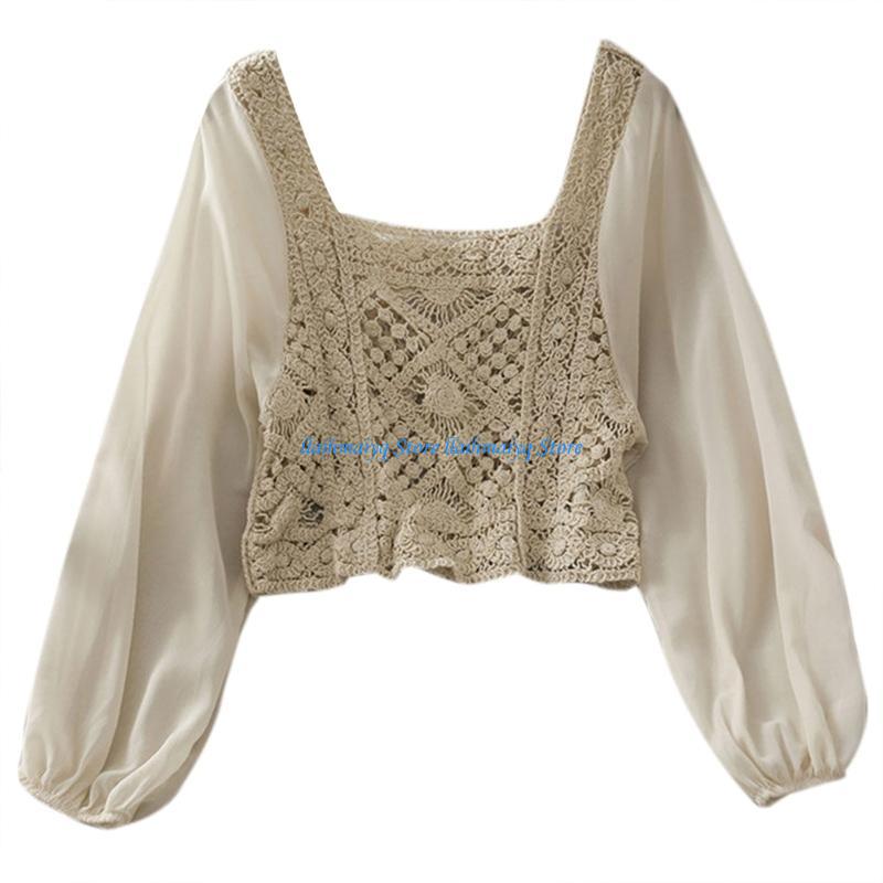 573B Mulheres Sheer Puff Camis - Crop Top Crochet avaliação e preço